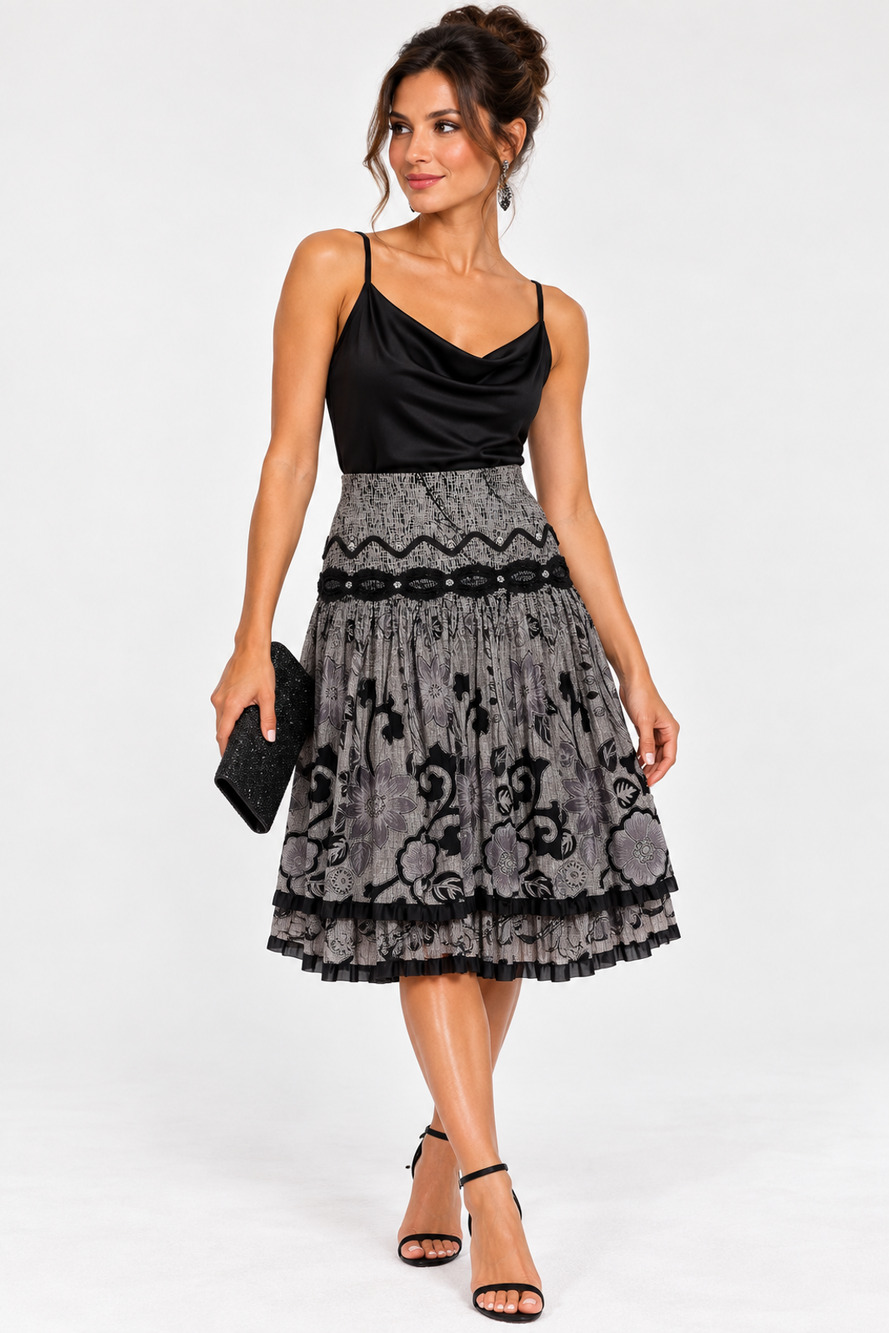 VTG Zashi Grey/Black Shimmering Floral Midi Skirt SzL Flowy TieredY2K Whimsigoth